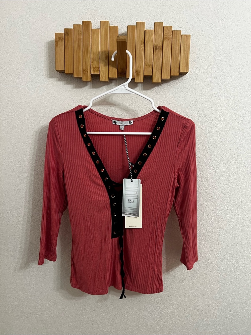 iris Ribbed Red Long-Sleeve Lace-Up V-Neck Top with Black Trim
